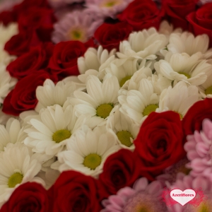 Купить букет «Чувствуй меня» в виде сердца из роз и хризантем в Биробиджане